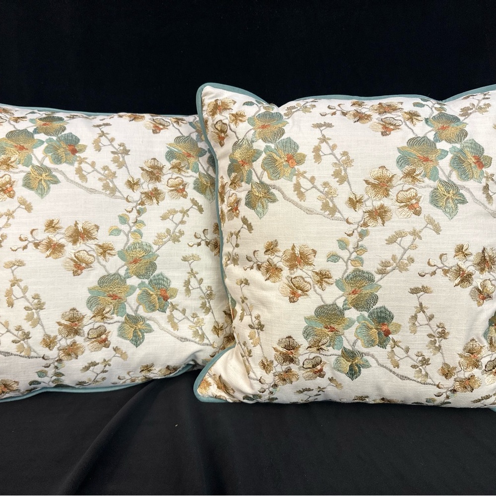 20x20 Greenhouse Fabric S4865 Empire Cream Green and Gold Floral Pillows